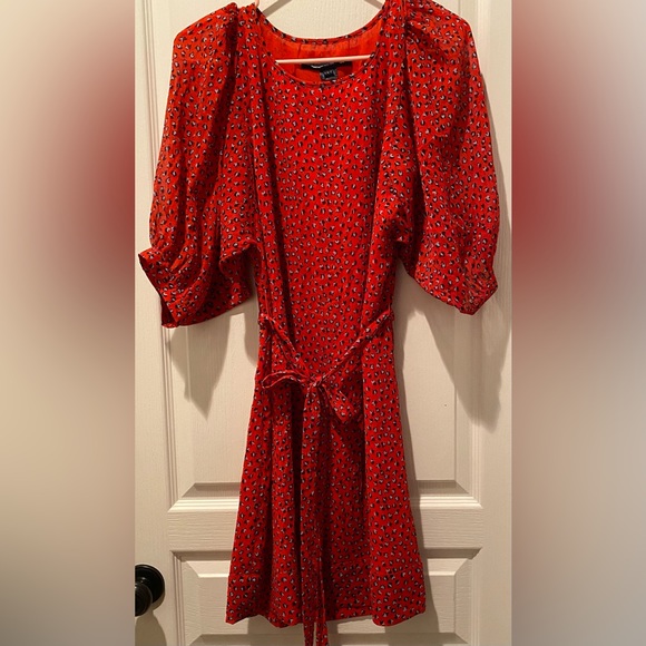 French Connection Warm Red Calypso Flower Mini Tunic Dress 1/2 Dolman Sleeves - Picture 2 of 9